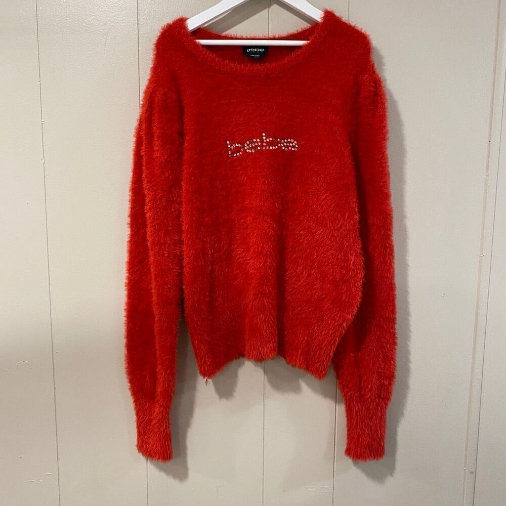 bebe Red Fuzzy Logo Sweater Size L Soft Long Sleeve Pullover